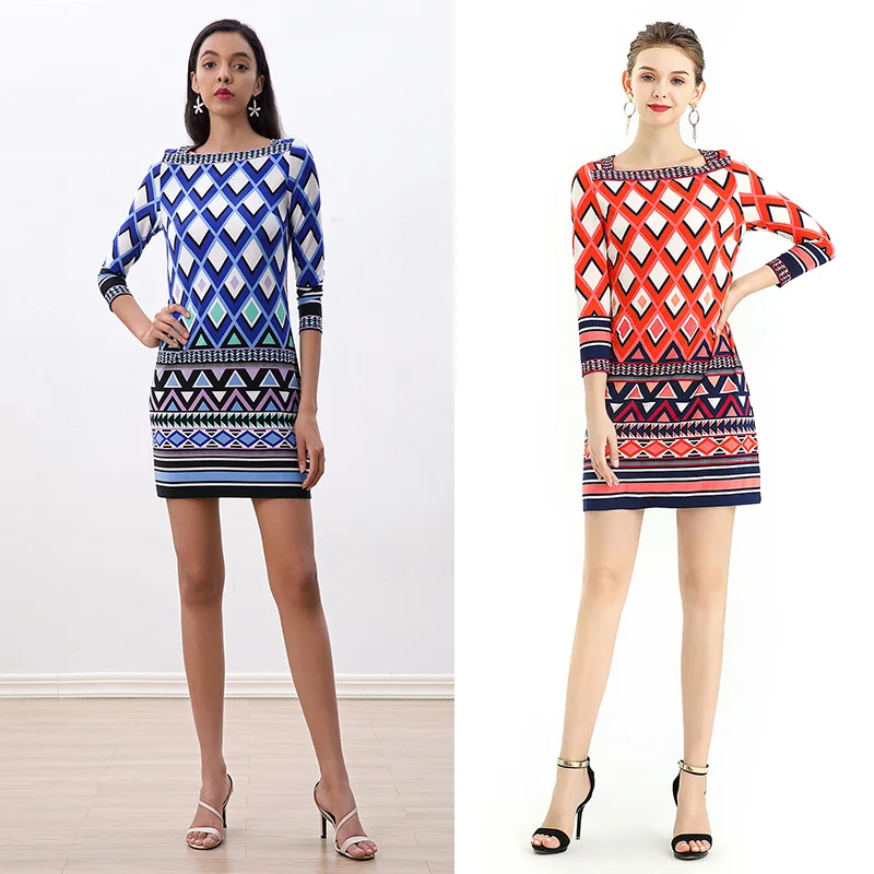 

D079 Summer Fall High Quality Fashion Elegant Print Short Women Office Evening Casual Dresses