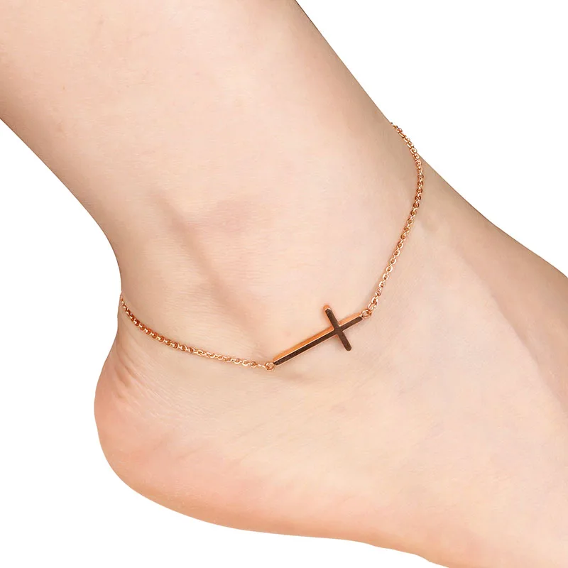 

2021 Rose Gold Stainless Steel Sideway Cross Anklet Ankle Bracelet Chain for Women