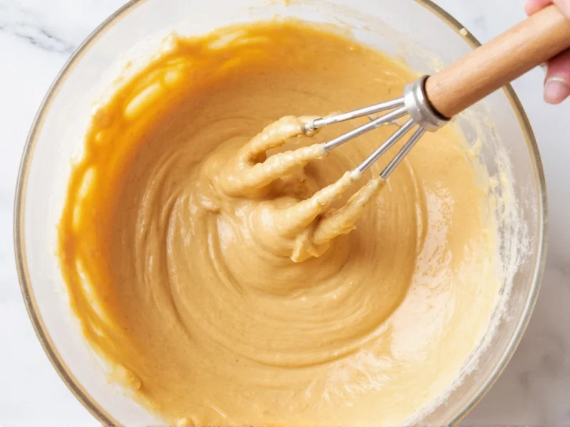 Whipping smooth peanut butter icing in glass bowl