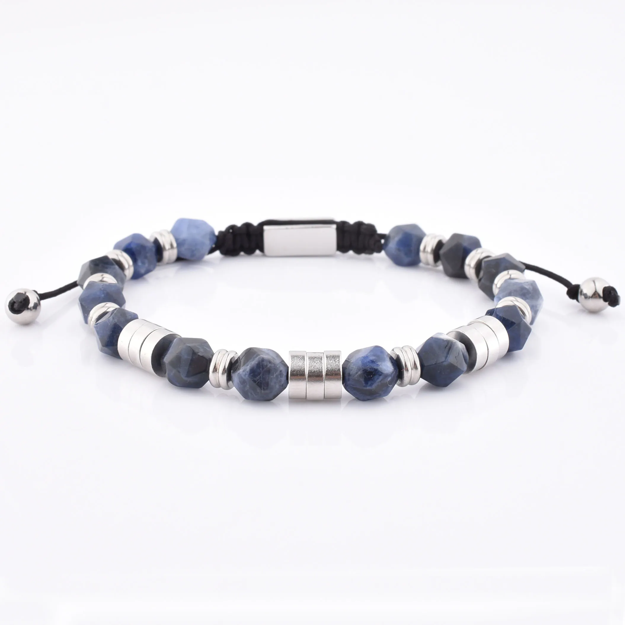 Wholesale Custom Fashion Stainless Steel Spacer Faceted Sodalite Bead Bracelet