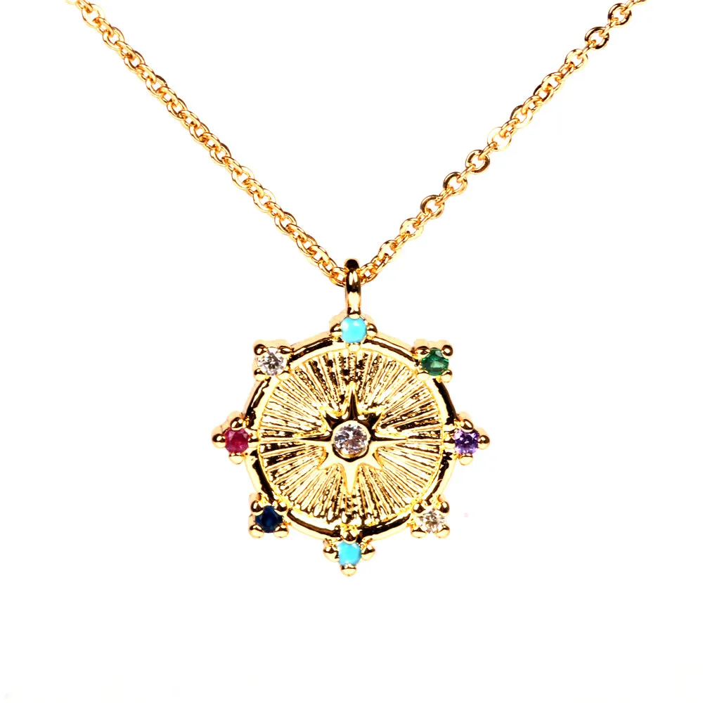 

Sailing Jewelry Boho Style Necklace Colour Zircon Round Pendant Necklace Copper Gold Plated Box Chain Women Necklace