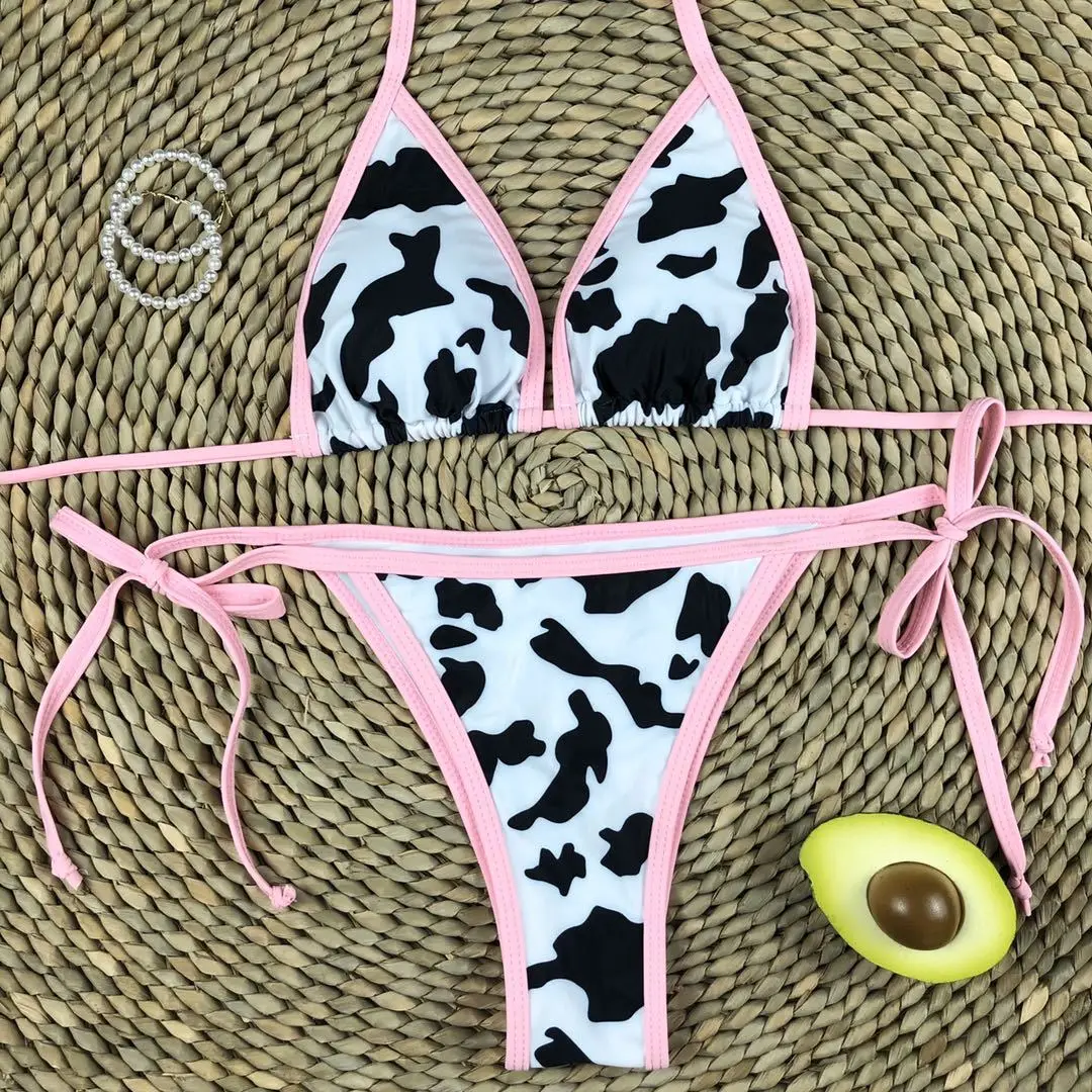 

Women summer clothes 2021 Bikini Set Women's Ladies Bathing Fashion Sexy Cow Print Triangle Halter Woman Bathing Suit, Picture shows