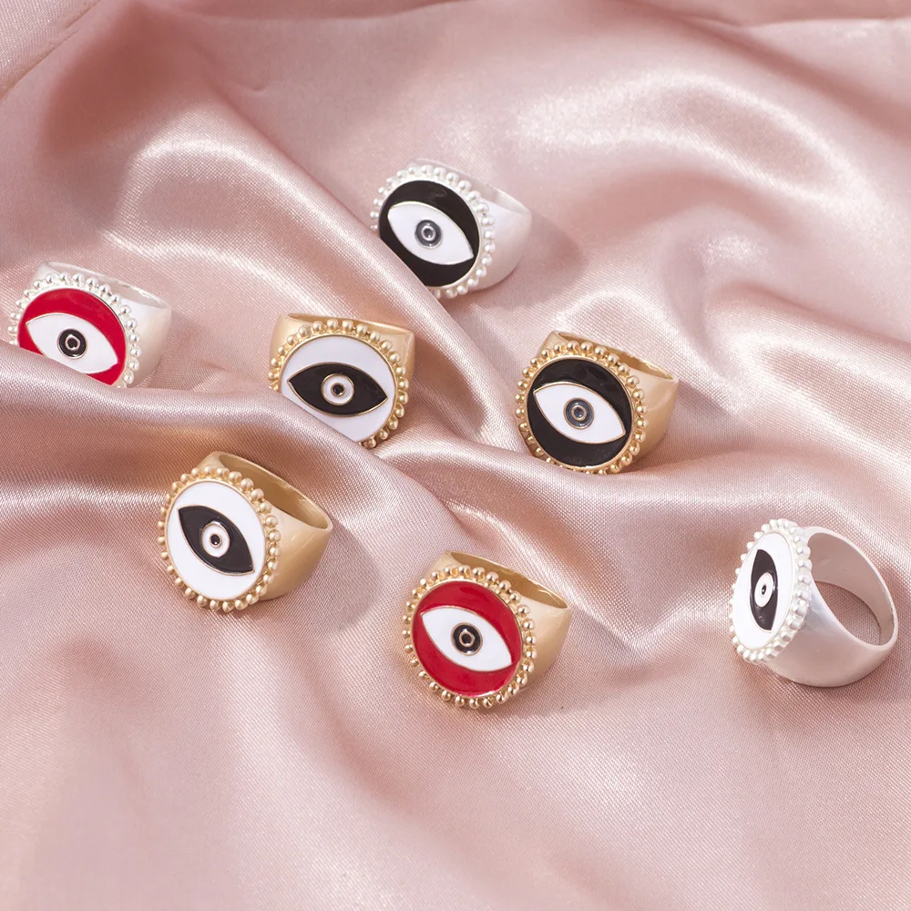 

2020 Adjustable Lovely Red Round Evil Eyes Rings Minimalist Matte Gold Oil Dripping Evil Eyes Finger Ring
