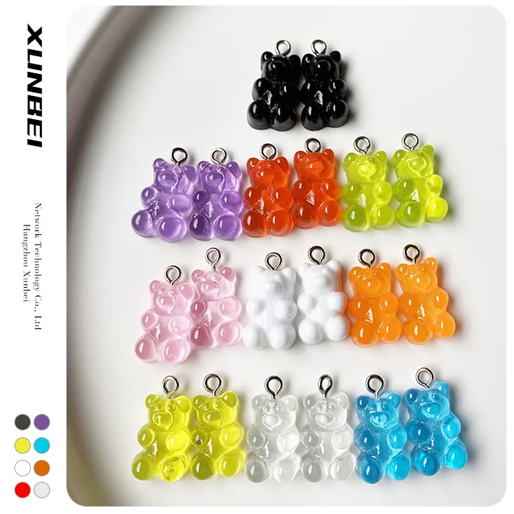 

2021 Wholesale fashion cartoon Transparent Glitter Resin Gummy Cute Bear Making DIY Necklace Pendants For Earring, White,red,pink,green,blue,black,yellow