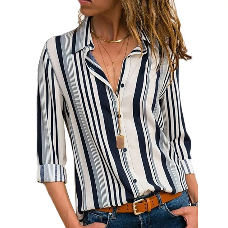 

2021 Women Blouses Color Block Striped Shirt Elegant Office Lady Blouse Casual Long Sleeve Button Shirt Tops Chemise Femme, Black, gray, wine red