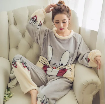 

Wholesale Winter Thick Cotton Flannel Pajamas Coral Fleece Long Sleeve Pyjama Animal Cartoon with Embroidery Women's Sleepwear