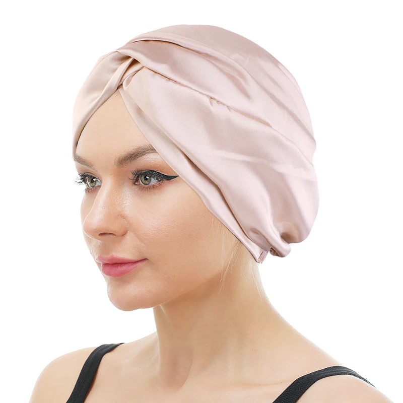

Wholesale Silky Twist Knot Beanie Satin Lined Bonnet Headwrap Solid Color Head Stretch Turban Hat