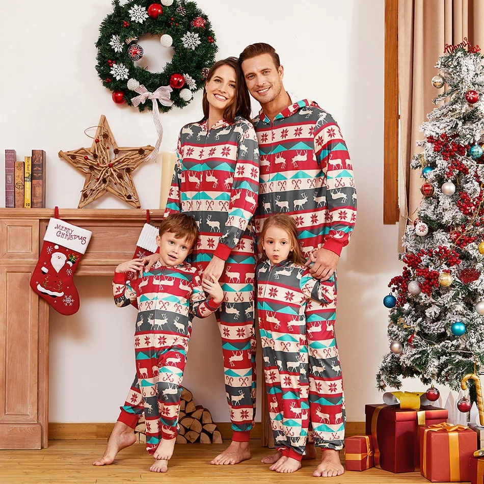 

Hot sale one pieces christmas pajamas family zipper hooded Matching christmas family jumpsuit christmas mommy and me onesie, Multicolor
