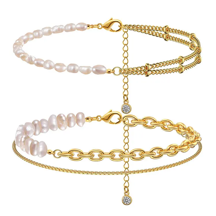 

SC 2022 Fashion Jewelry Anklets Bracelets Delicate 14K Gold Filled Anklet Multitype Chain Layered Freshwater Pearl Anklet Women