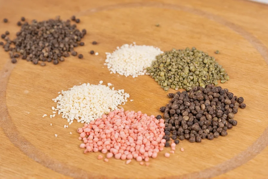 Close-up photography of black, white, green, and pink peppercorns arranged in separate piles on a wooden cutting board