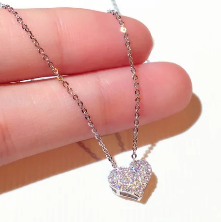 

Newest Design Full Diamond Love Heart Pendants Clavicle Chain Necklace Bling Crystal Rhinestone Heart Shaped Necklace, As picture