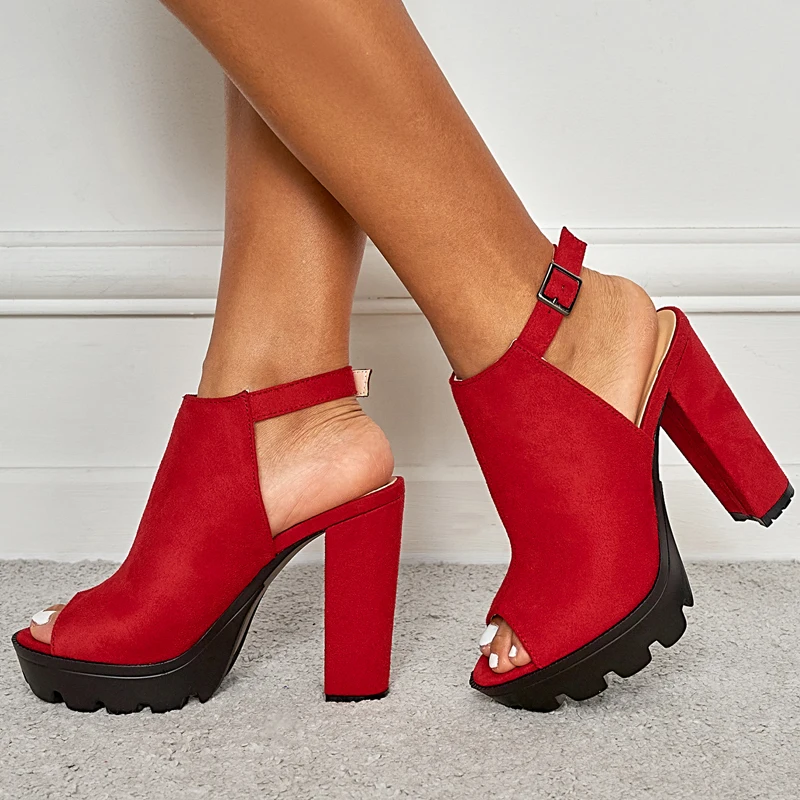 

New Brand Platform Round Toe Flock Fashion Buckle Strap Pumps Ladies Spring Summer Black Red High Heel Shoes