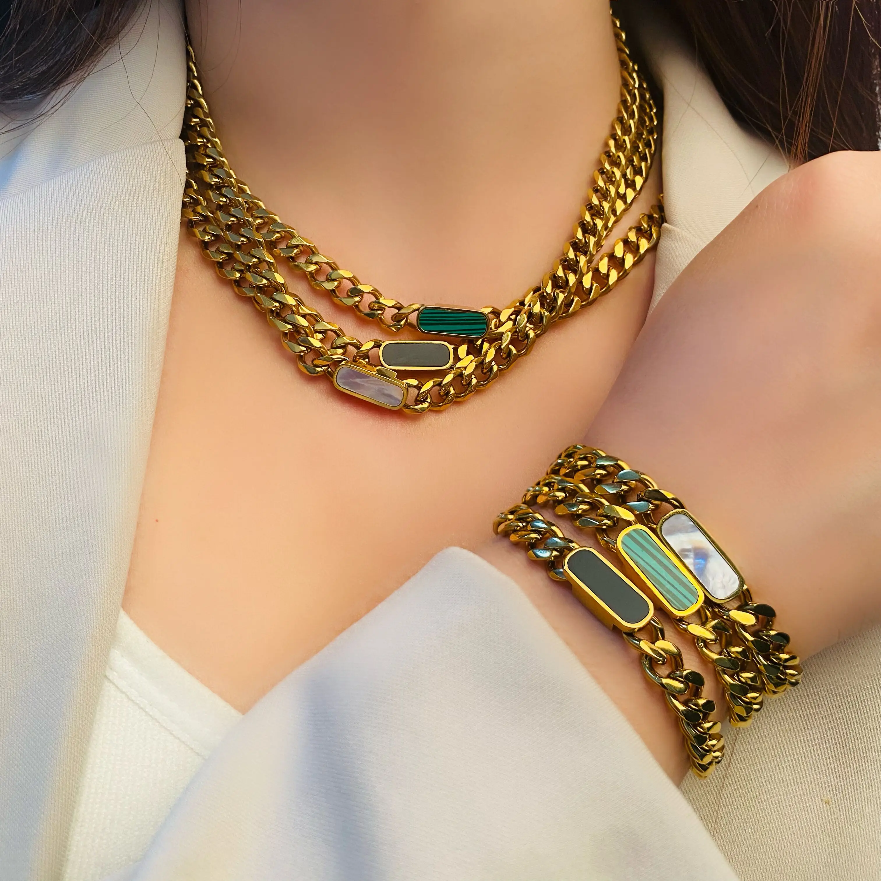 

Fashion jewelry 2024 Factory Outlet Hot Sale exaggeration 18k gold plated stainless steel turquoise Necklace and bracelet set