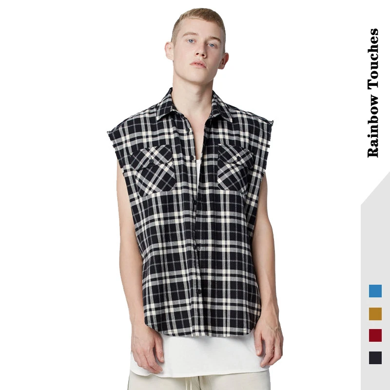 

100% Cotton Men Sleeveless Check Plaid Shirt, 4 colors in stock