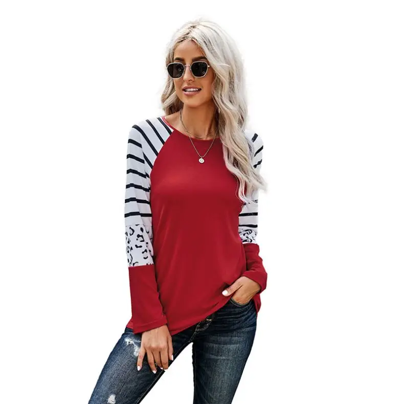 

Factory Wholesale Winter Striped Animal Designer Print Colorblock Ladies Long Sleeve Tops, Customized