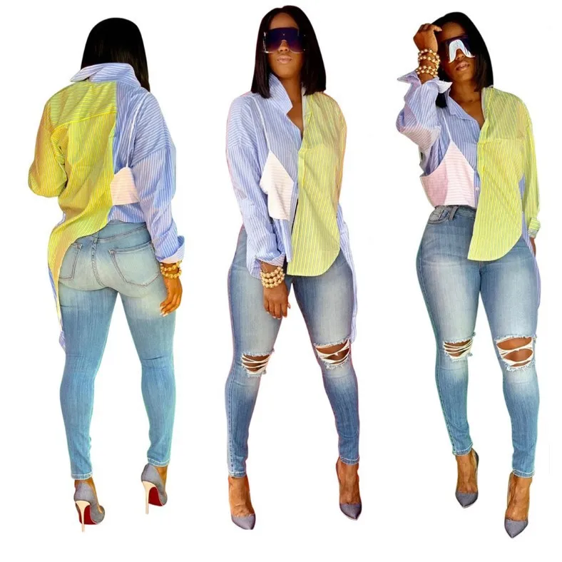 

QC-99921 Factory wholesale personality stripe stitching long-sleeved all-match irregular women shirts, Customized color