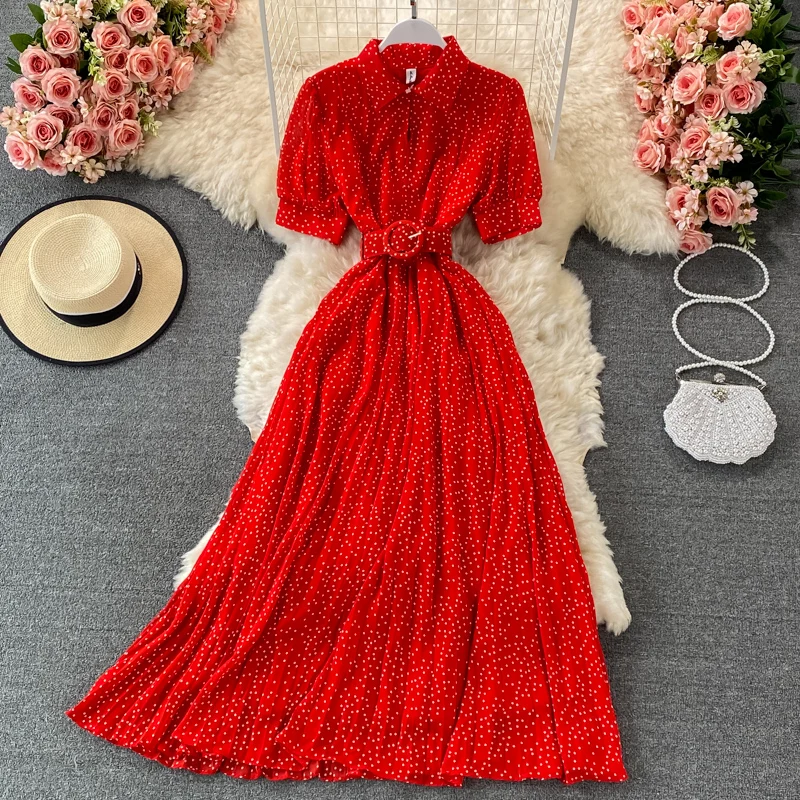 

Women's Summer 2021 French Style Vintage Dress Lace-up Waist-Controlled Puff Sleeve Pleated Dress Slim Fit Slimming Long Dress