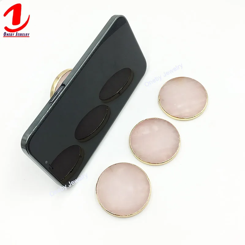 

Round Rose Quartz Golden Rim Edge Custom Mobile Elastic Phone Stand Sticker Handle Finger Grip Holder socket