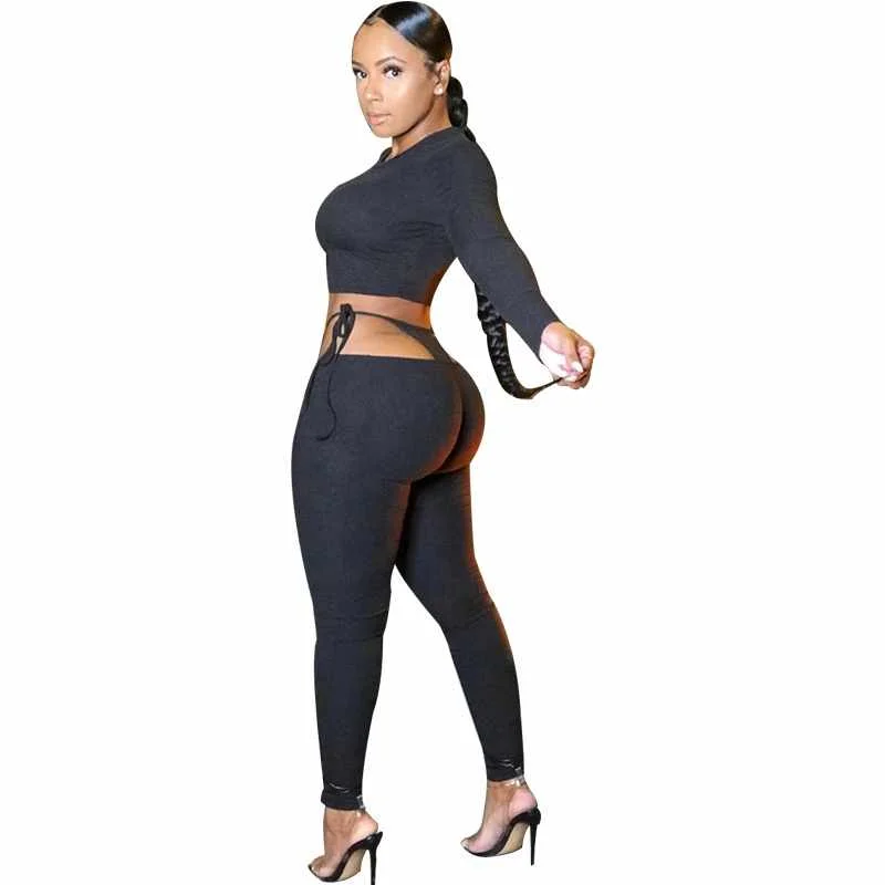 

ladies tracksuit belt long sleeve hollow out yoga jogging sweatsuit bandage women two piece set