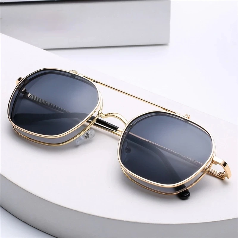 

Fashion Flip Lens Sunglasses Women Vintage Metal Punk Eyewear Men Irregular Round Blue Pink Clear Sun Glasses Shades UV400, Custom colors