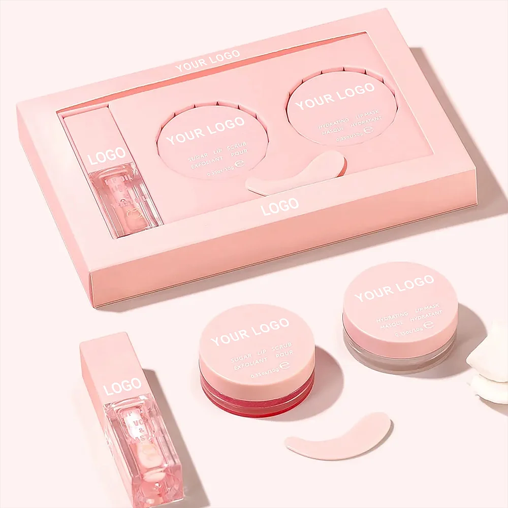 Vegan Cruelty Free Private Label Lip Care Set Wholesale Pink Lip Balm and Scrub Trio Treatment Oil Lip Care Kit