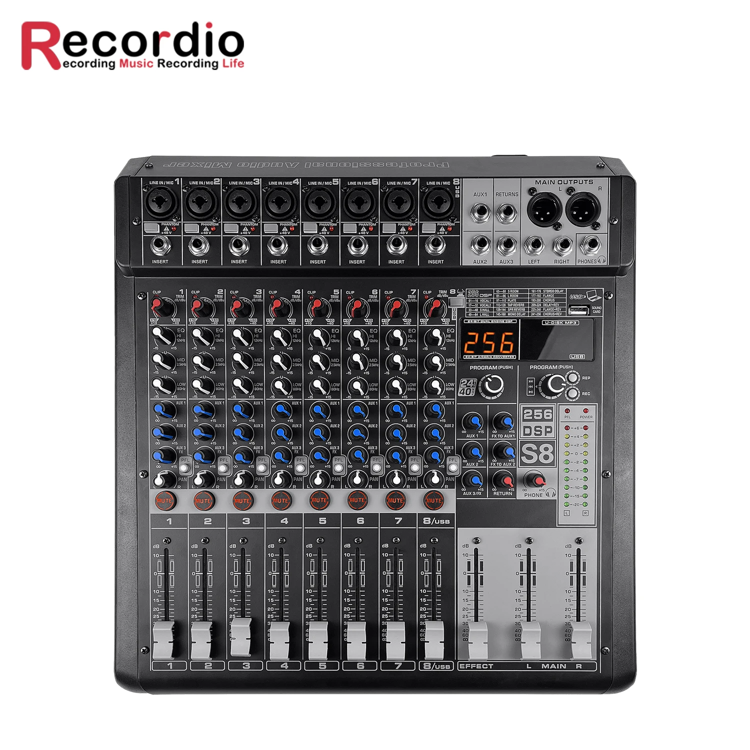 

GAX-S8 Pro 8 Channel DJ Controller with 256 DSP Reverb effect BT 5.0 USB Mixer USB for karaoke Professional stage performance