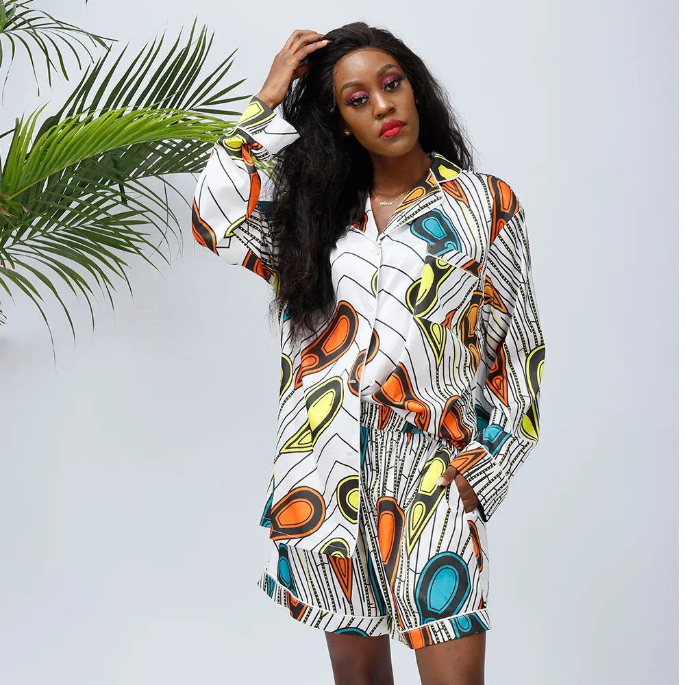 

2021 Hot Sales African Print Sleepwear Spring Two Pieces Set Silk Pajamas Factory Wholesale For Women, Customized color