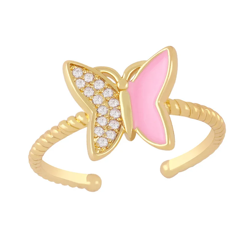 

New Fashion 18K Gold Plated Oil Drip Micro Pave CZ Butterfly Open Rings Zirconia Colorful Enamel Butterfly Ring