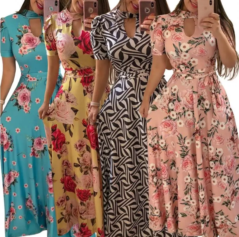 

2020 Best Selling Elegant Lady Sexy Fashion Digital Printing Fashion Style Big Dress Plus Size Casual Maxi Apparel, As picture