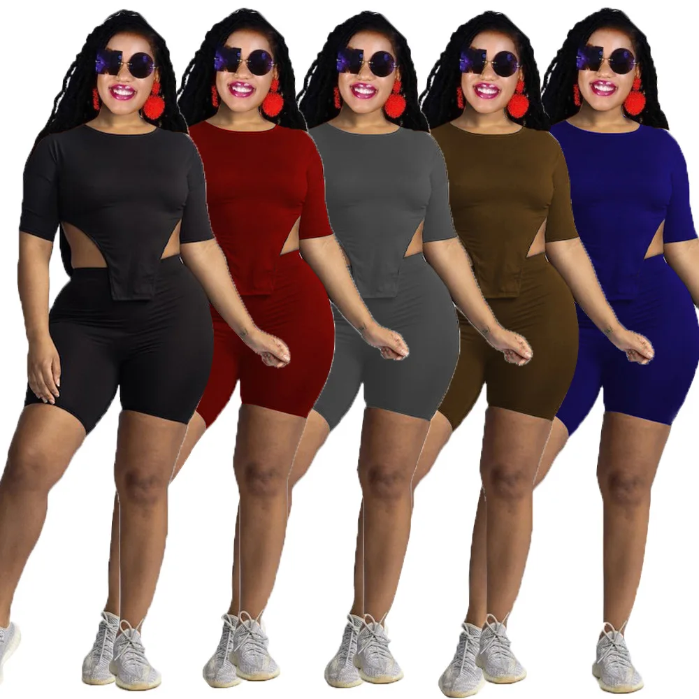 

Fashion Summer Bodycon Solid Color Tshirt Tops Ropa de Mujer Femme Round Neck Casual Two Piece Suit Shorts Pants Women Clothing, Picture