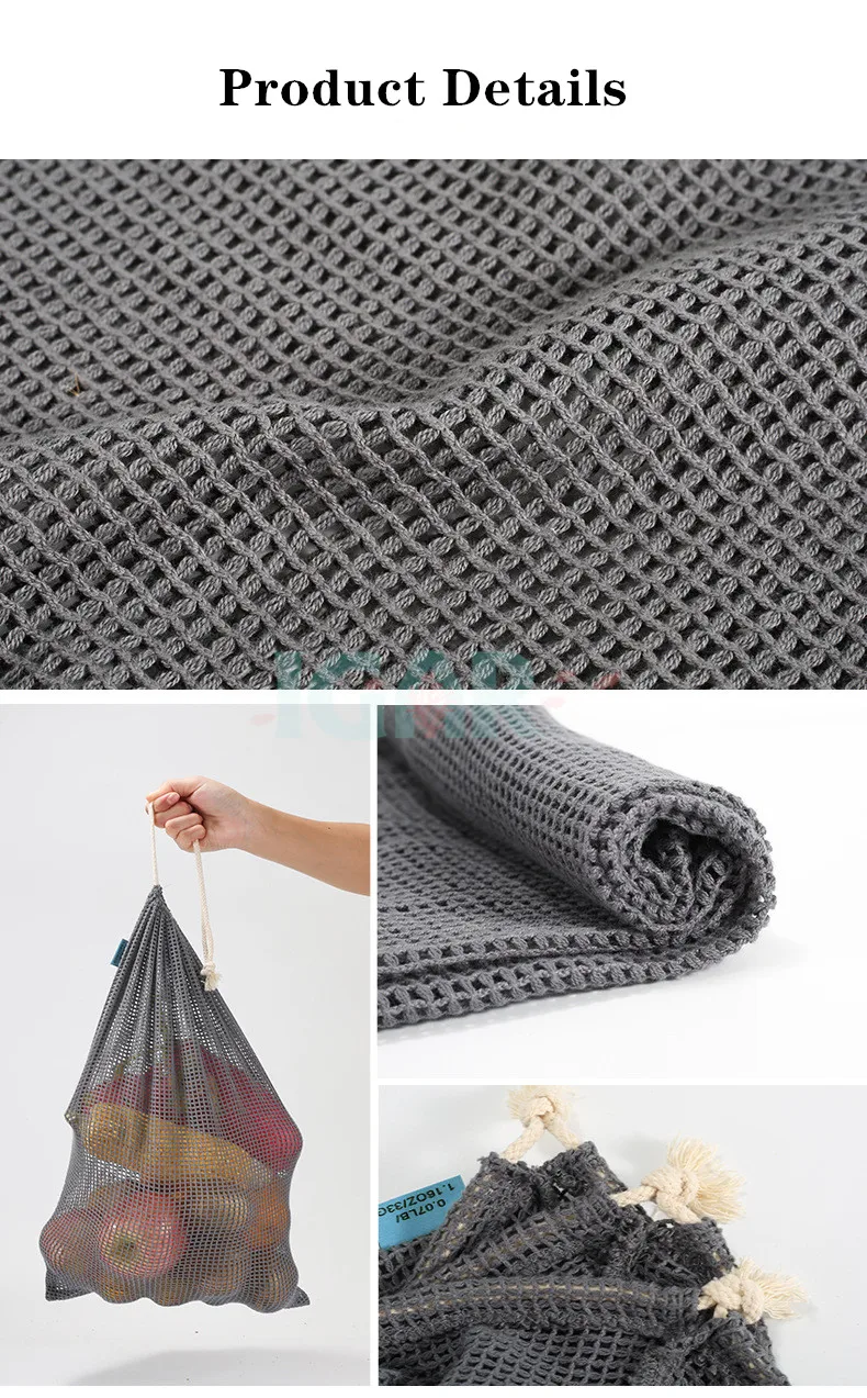 Gray color recycle fruit and vegetable bag reusable organic cotton mesh bags for fruits and vegetables 