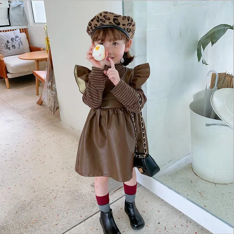 

3072A20625 winter boutiques leather baby girl's dresses ruffles fall autumn kids outfit children's clothes wholesale