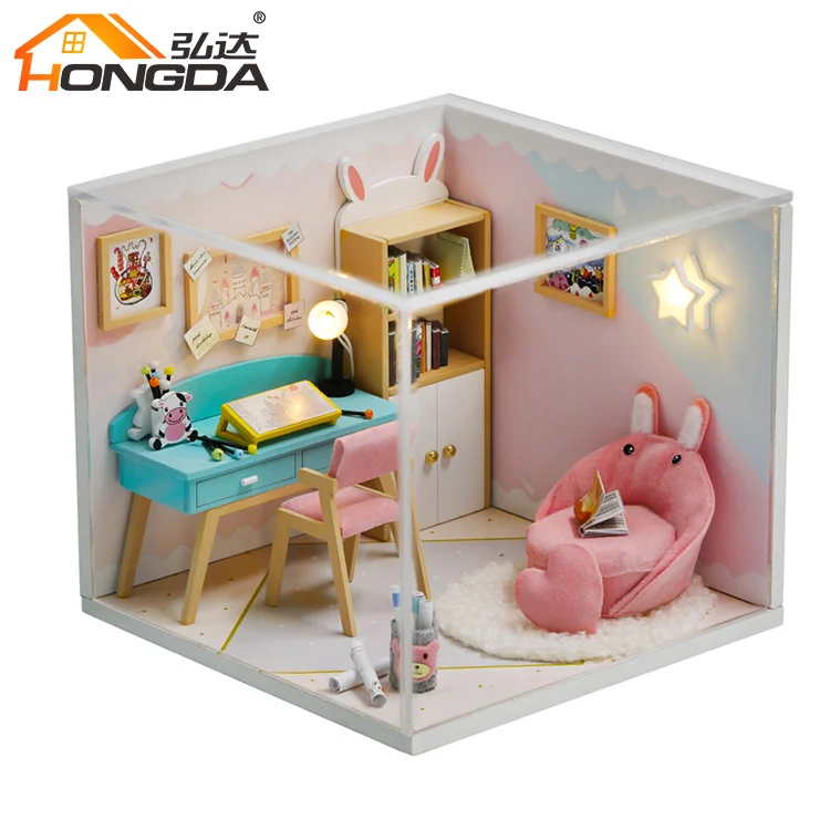 

Plastic Mini Furniture Simulation Children'S Study Desk Sofa Bookshelf With Lamp Tiny Wooden Doll House