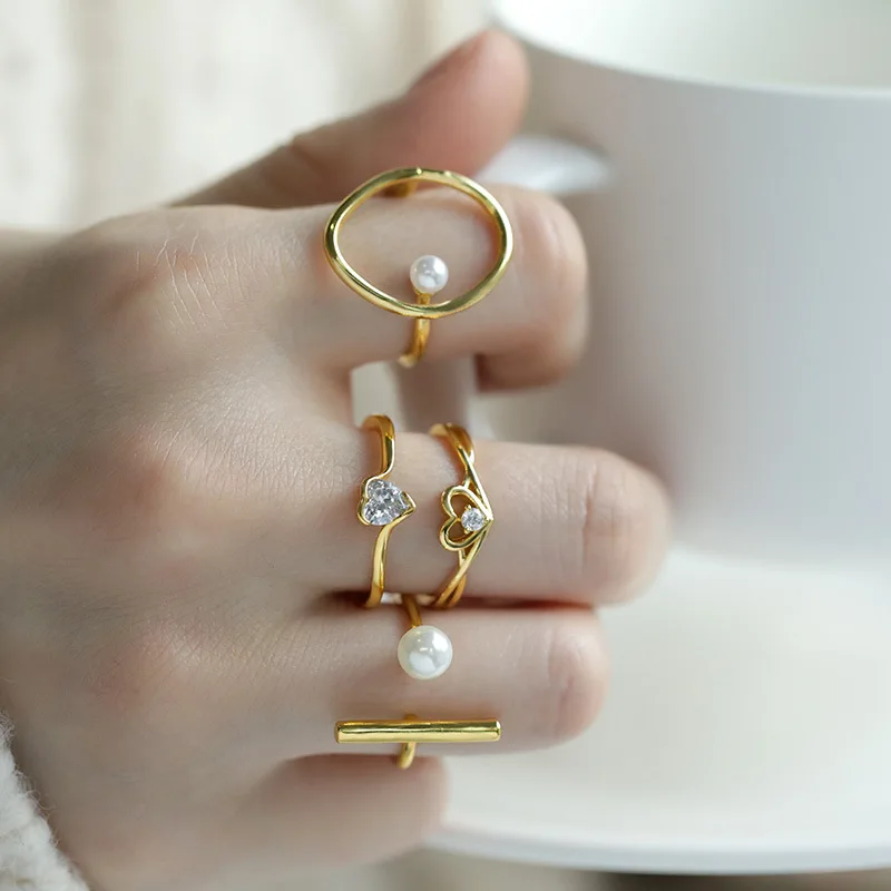 

2021 New Design Not Fade Stainless Steel Pearl Crystal Heart Shape Adjustable Ring