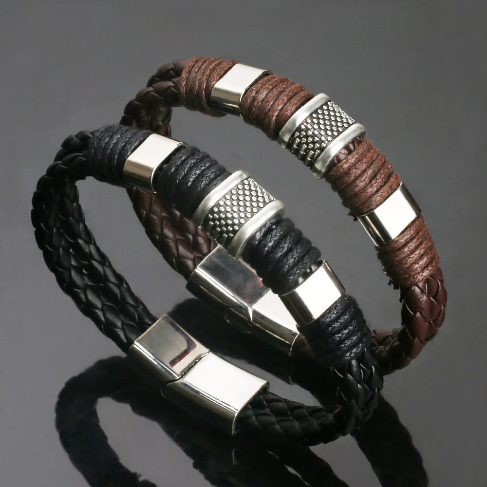 Braided Cowhide Magnetic Buckle Bracelet Men Double Leather Custom Bracelet