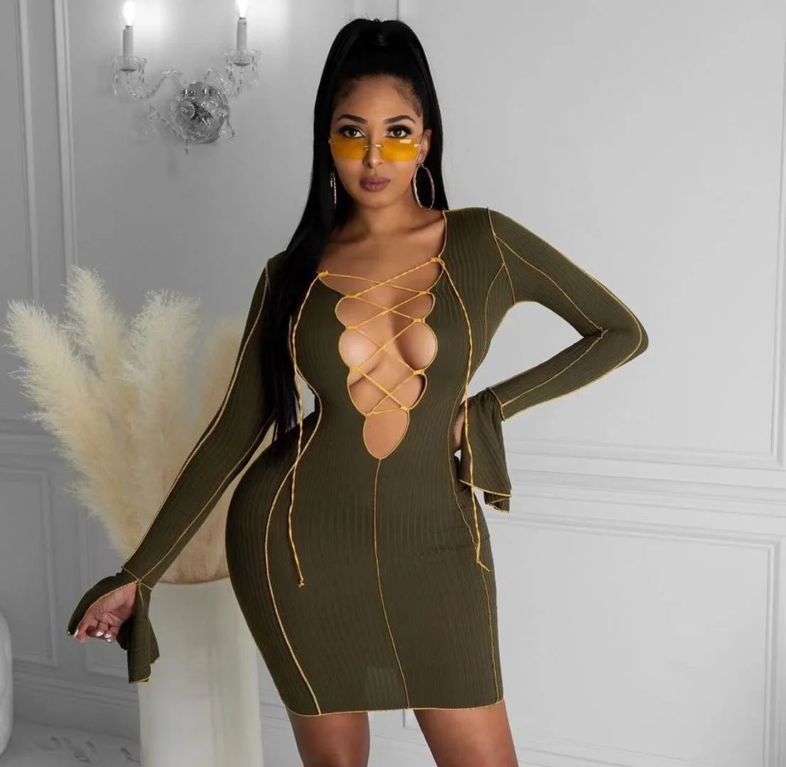 

Deep V Neck Lace Up Bondage Full Sleeve knitted Clubwear Mini Dress Women's Night Club Party Mini Dress