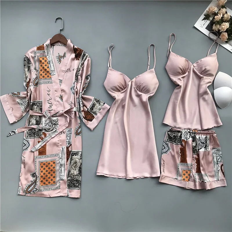 

9013 Ladies Summer Four Pieces Sexy Pink Satin Nightgown Silk Nightgown and Robe Set with Chest Pads, 3 colors: pink, red, green