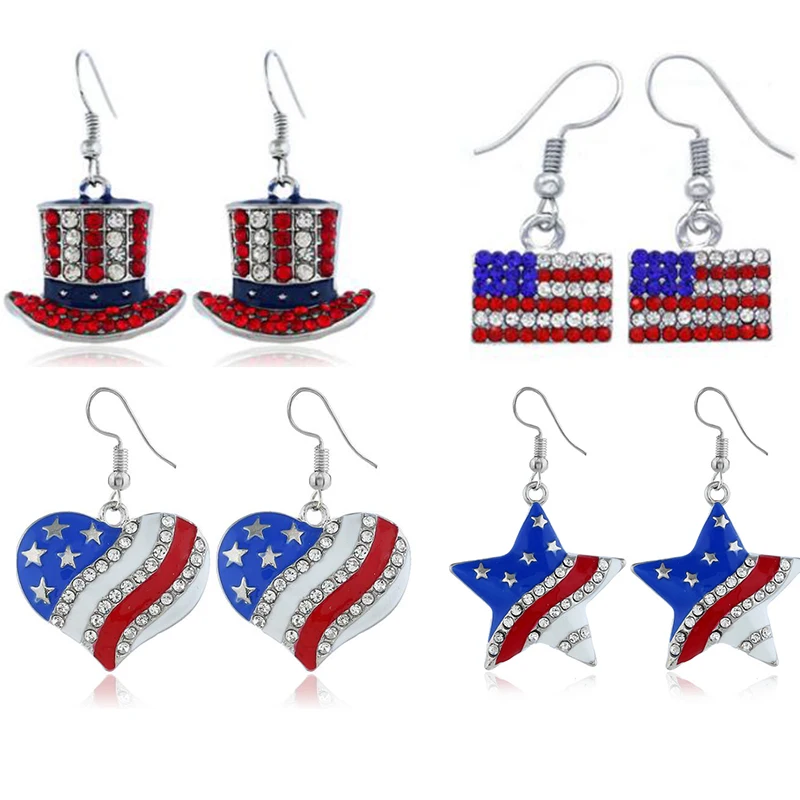 

4th of July Independence Day American Flag Heart Star Drop Earrings