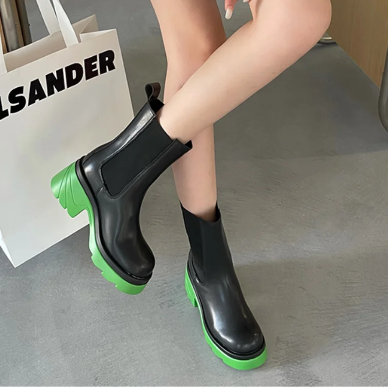 

Two tone chunky heel anti slip lady ankle boots pull on design stretch cloth patchwork women shoes for autumn and winter