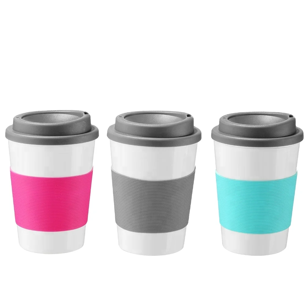 

Custom color printed eco friendly silicone reusable coffee cup plastic take away coffee mug with lid