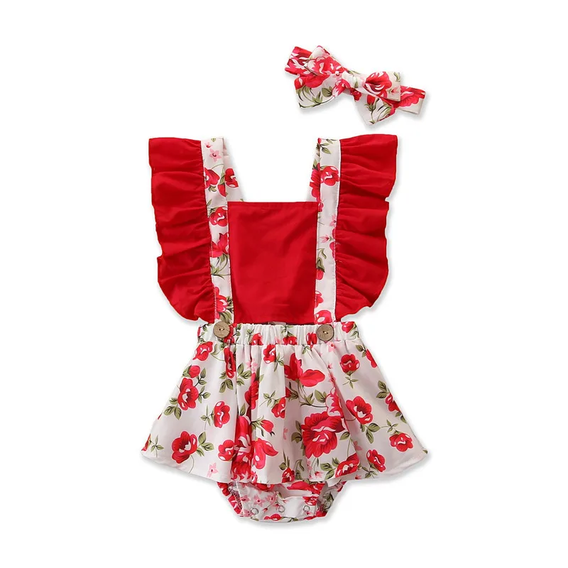 

Latest new design red flower print summer flutter sleeve infant baby girls rompers with headband, As picture show