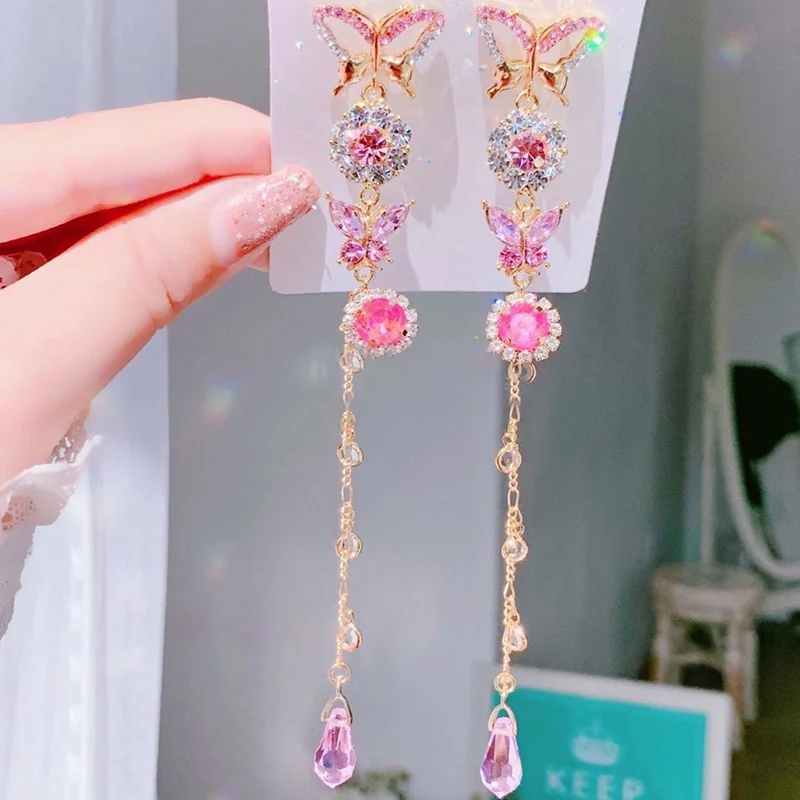 

Fashion Korean Crystal Butterfly Long Tassel Drop Earrings For Women Students Holiday Party Pendientes Jewelry