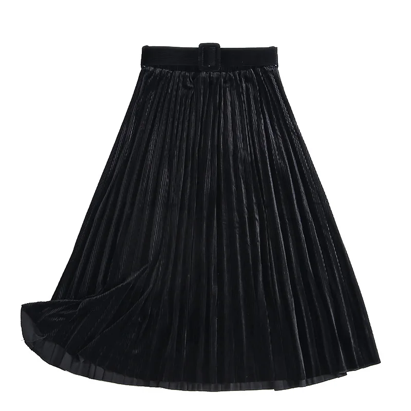 

Autumn and Winter Pleated Long A-line Skirt Gold Velvet Skirt Women's Retro High Waist Slim Temperament Drape Skirt