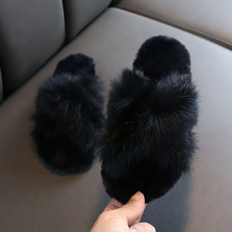

New design kids fluffy shoes children black fur slippers girls sandals