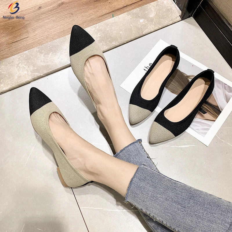 

Wholesale pointy toe fly knit upper women's casual shoes ladies shoes 2021 flat pumps shoes for ladies