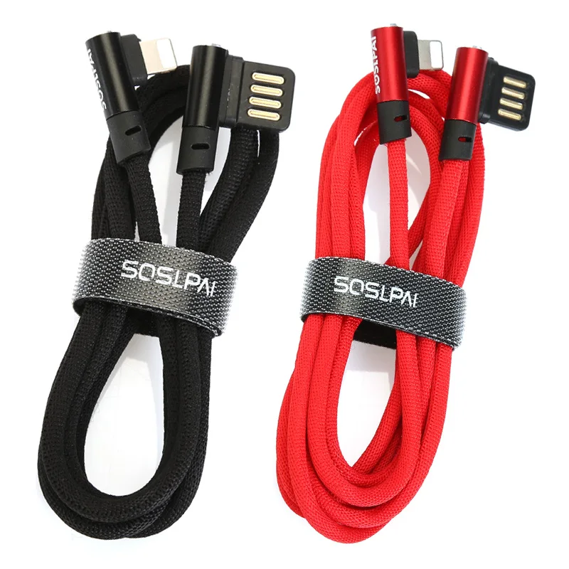 

SOSLPAI wholesale 90 degree elbow gaming usb charger cable nylon braided 2.1a ultra thin usb charging cord for iphone usb cable
