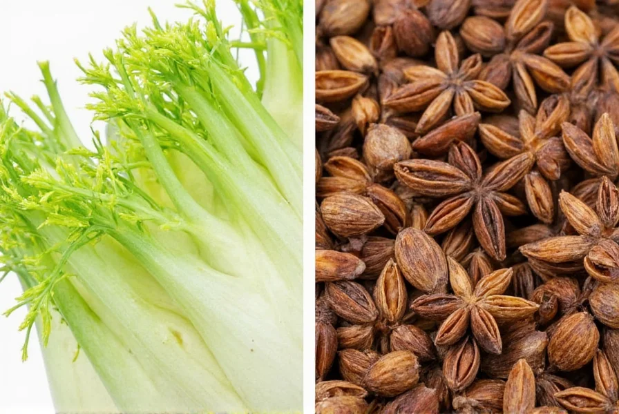 Side-by-side comparison of fennel bulb with feathery fronds and anise seeds in close-up