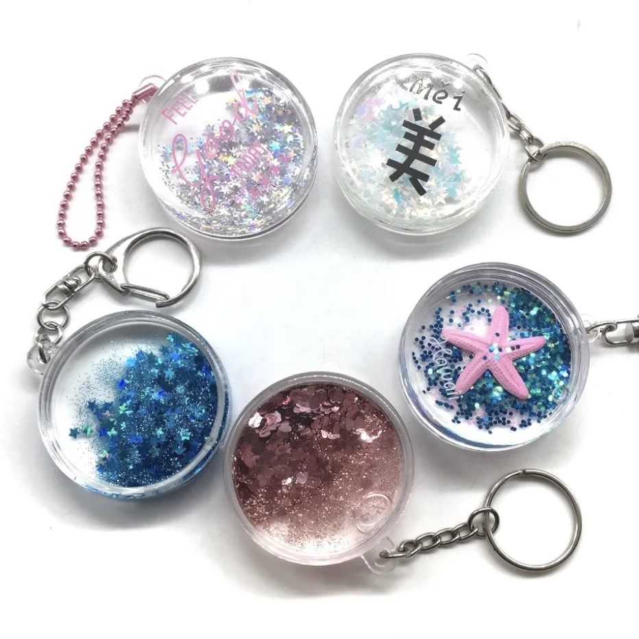 

Round Acrylic Holographic Glitter Liquid Key Chain Transparent Custom Floating Keychains Water Sequin Keyring for Girl Art Gifts