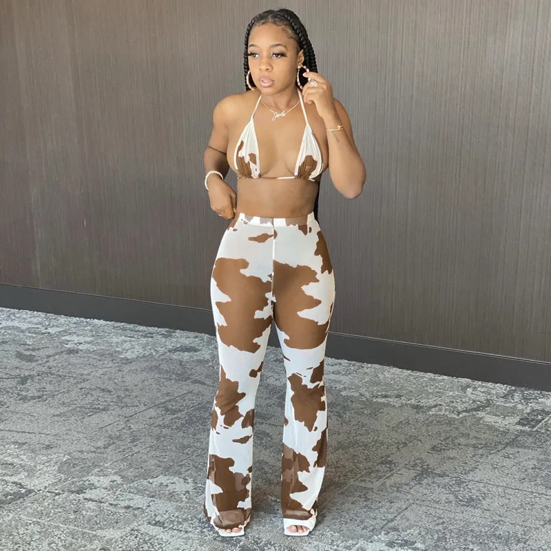 

new autumn milk cow print fashion halter tube top and wide long pant women 2 pieces clothing sets 2021, Brown, black