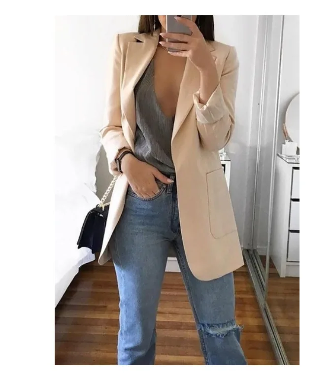 

Fashion Korean Casual Women's Blazer Spring Autumn Long Blazer Women Suit Outwear Slim Coats Office Ladies Blazer Work Jacket